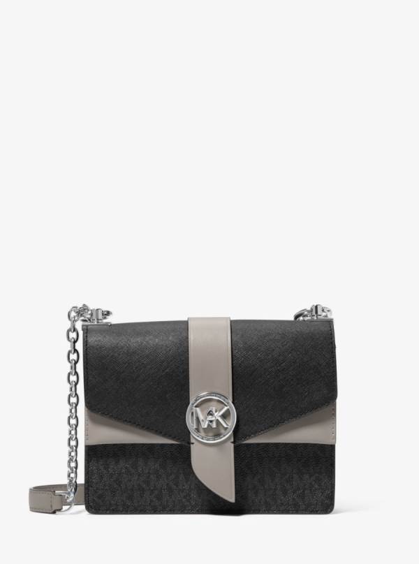 Damske Spojková Taška Michael Kors Greenwich Small Two-Tone Logo and Saffiano Leather Čierne - Kabelky Michael Kors Levně | LTXZB-2309